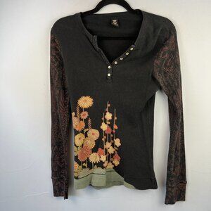 Vintage Lucky Brand Vintage Y2K Black Thermal Knit Floral Graphic Henley Size M